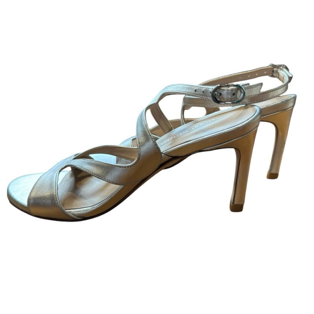 Revolve Stuart Weitzman Mariposa Silver Leather Sandals Heels NWOT - Picture 9 of 10